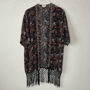 Umgee Black Floral Embroidered Beaded Fringe Kimono Size L